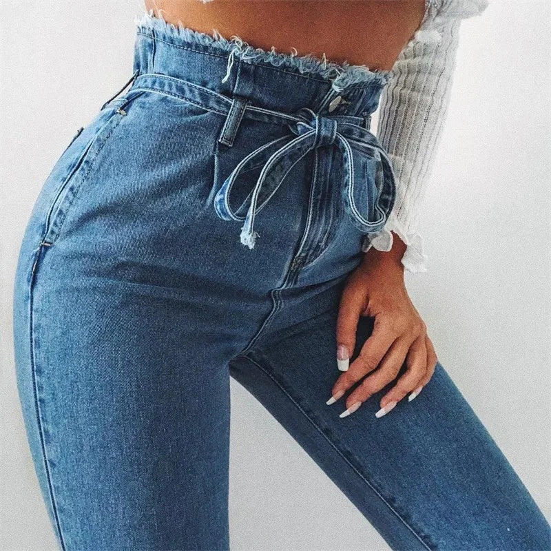 High-Waisted Paperbag Denim Jeans – Women's Washed Pencil Pants