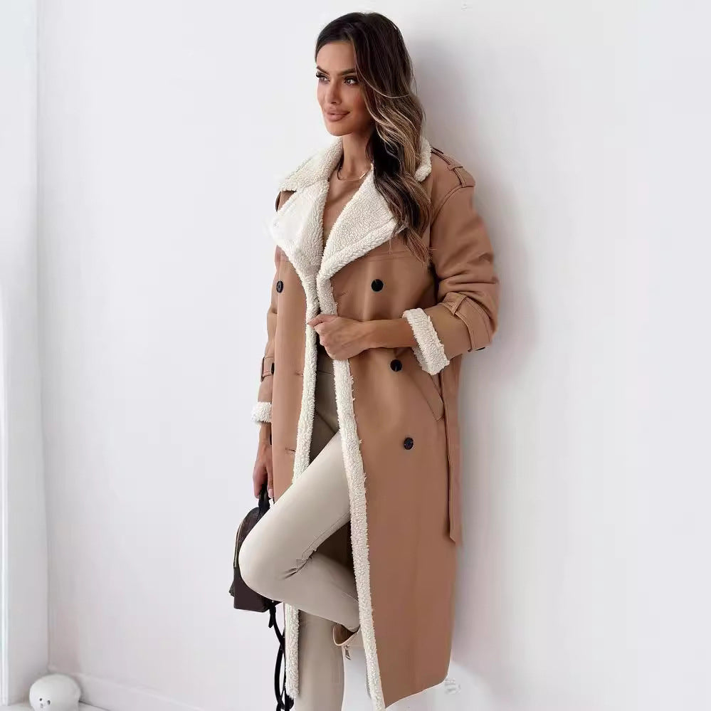 Women's Double Breasted Shearling Trench Coat – Mid-Length Winter Lapel