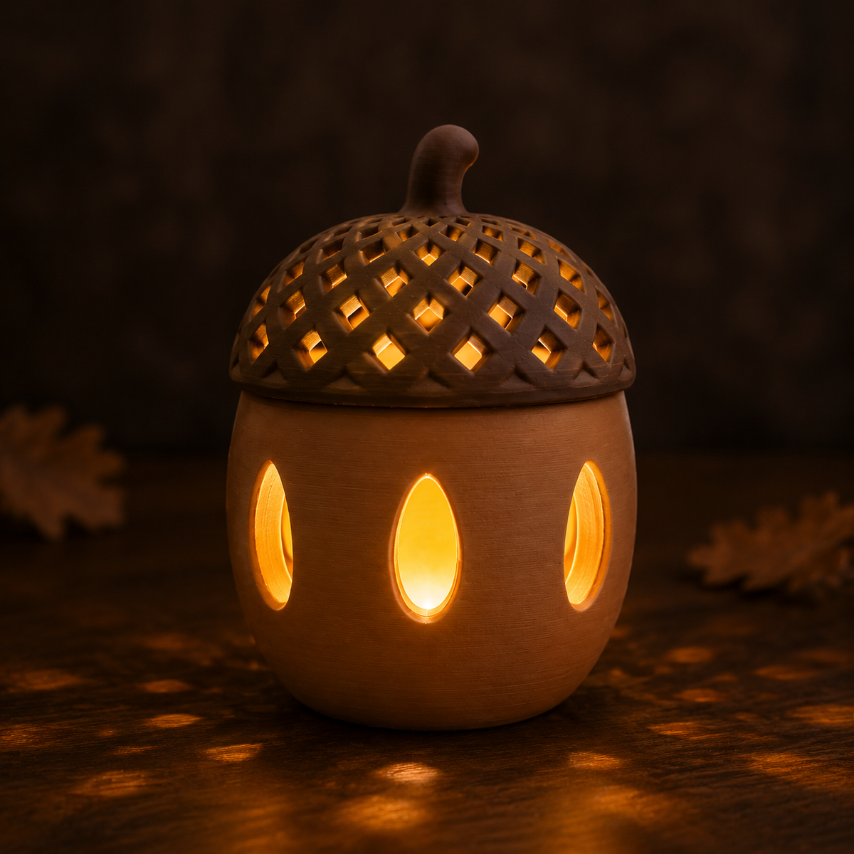Acorn LED Tealight Holder STL – Support-Free Autumn Lantern 3D Print File Main image
