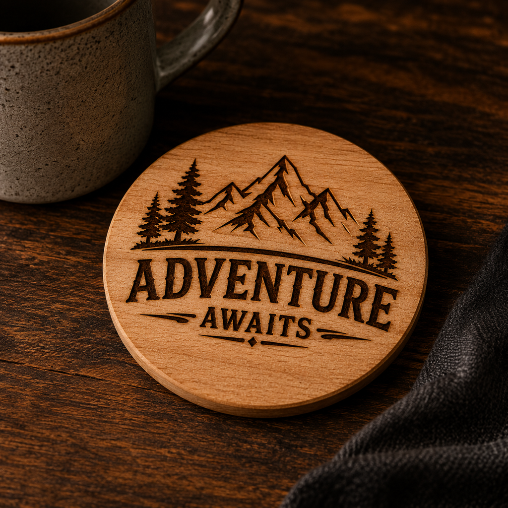 Adventure Awaits Coaster SVG Laser Engraving File | 90mm Round Wood Coaster Design