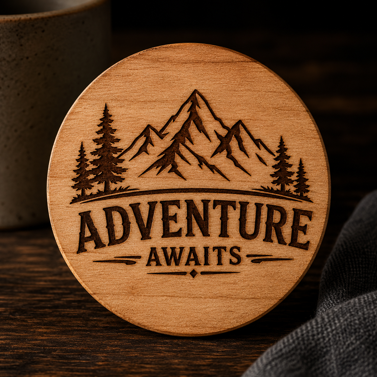 Adventure Awaits Coaster SVG Laser Engraving File | 90mm Round Wood Coaster Design