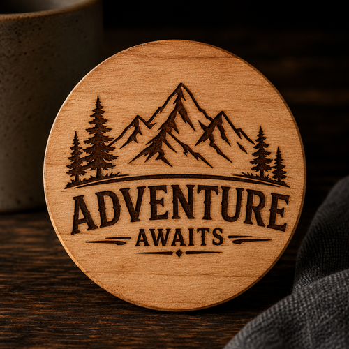 Adventure Awaits Coaster SVG Laser Engraving File | 90mm Round Wood Coaster Design