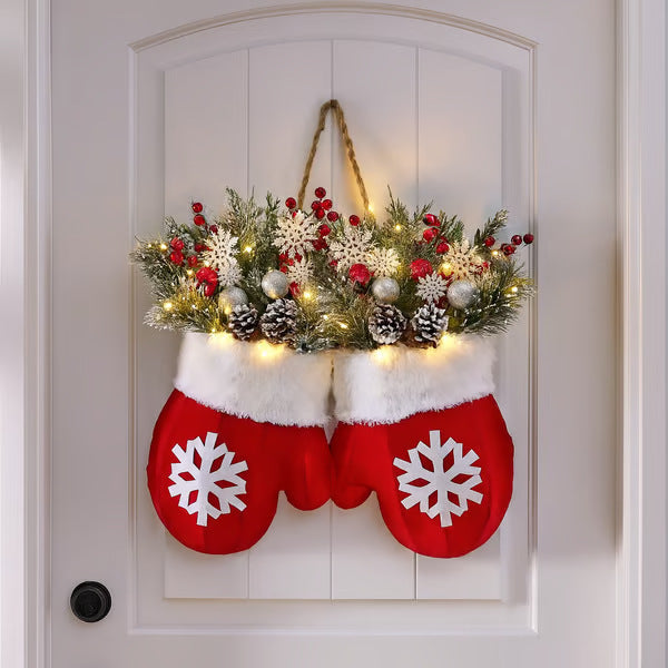 Luminous Christmas Mitten Wreath – Simulated Flower Holiday Door Sign Main image