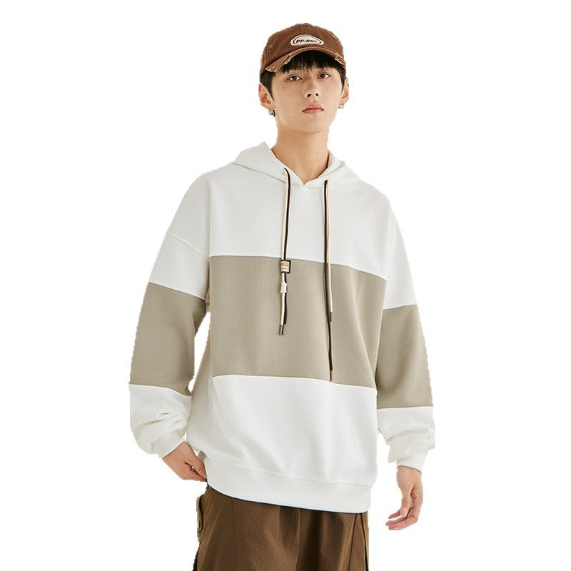 Retro Block Color Hoodie – Men's Loose Fit Polyester Casual Sweatshirt