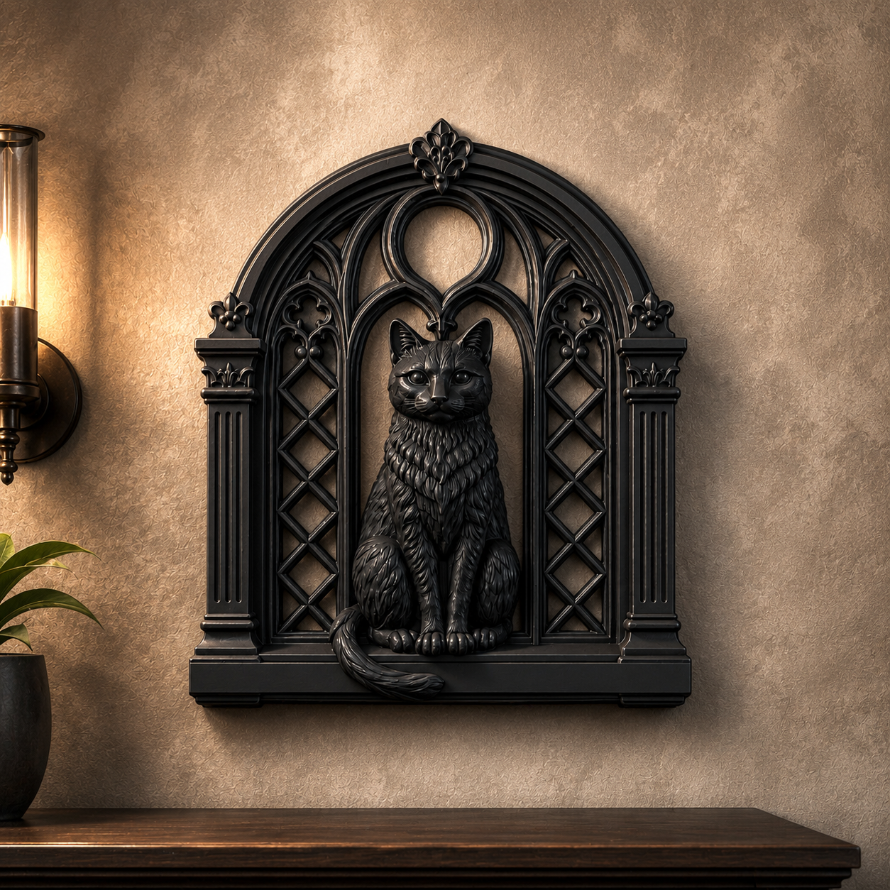 Black Cat Gothic Window STL File – Halloween Wall Decor 3D Print Model Main image