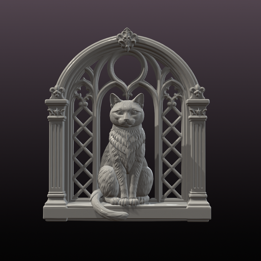 Black Cat Gothic Window STL File – Halloween Wall Decor 3D Print Model