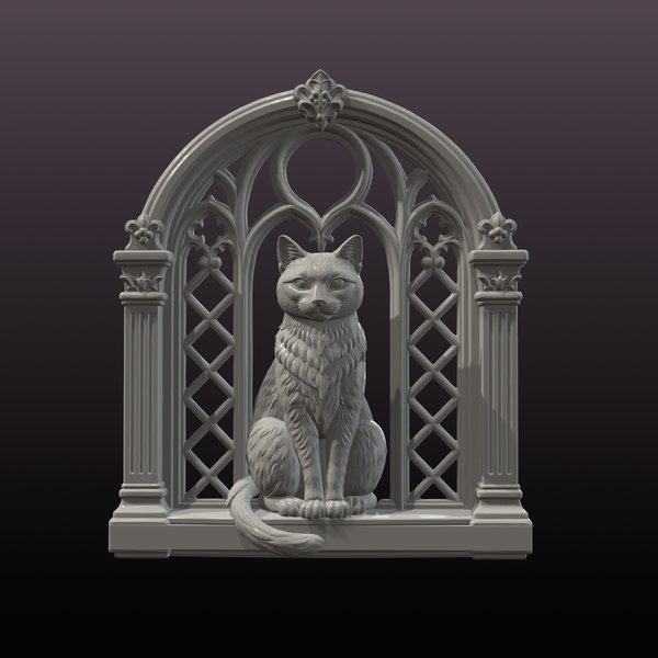 Black Cat Gothic Window STL File – Halloween Wall Decor 3D Print Model