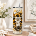Boho Western Skull Tumbler Wrap PNG | Sunflower Cow Skull 20oz Design