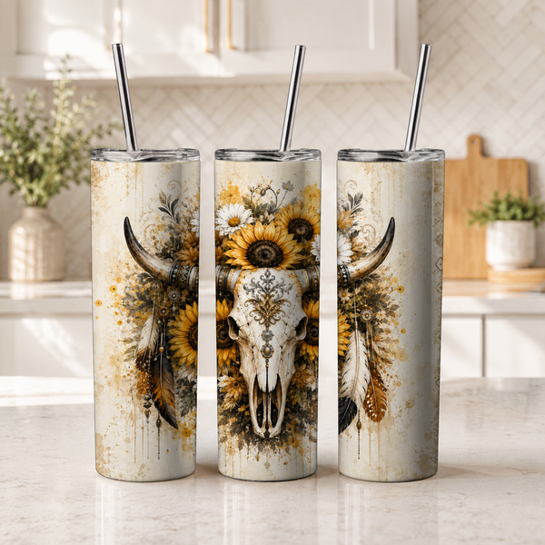 Boho Western Skull Tumbler Wrap PNG | Sunflower Cow Skull 20oz Design
