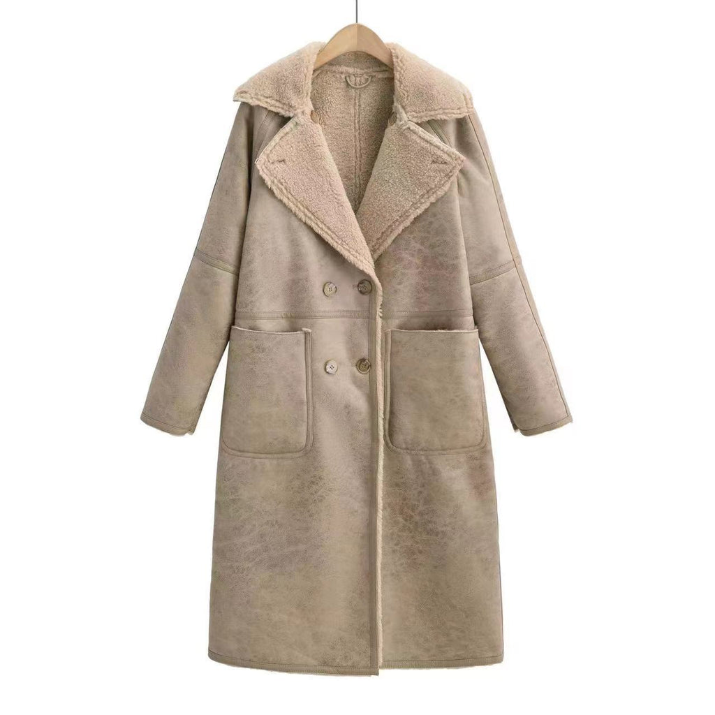 Women's Double Breasted Shearling Trench Coat – Mid-Length Winter Lapel