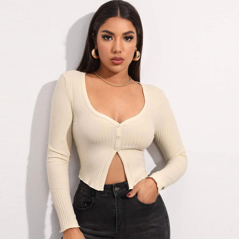 Long Sleeve Ribbed Crop Cardigan Top – Women's Sexy Button Knit Shirt Main image