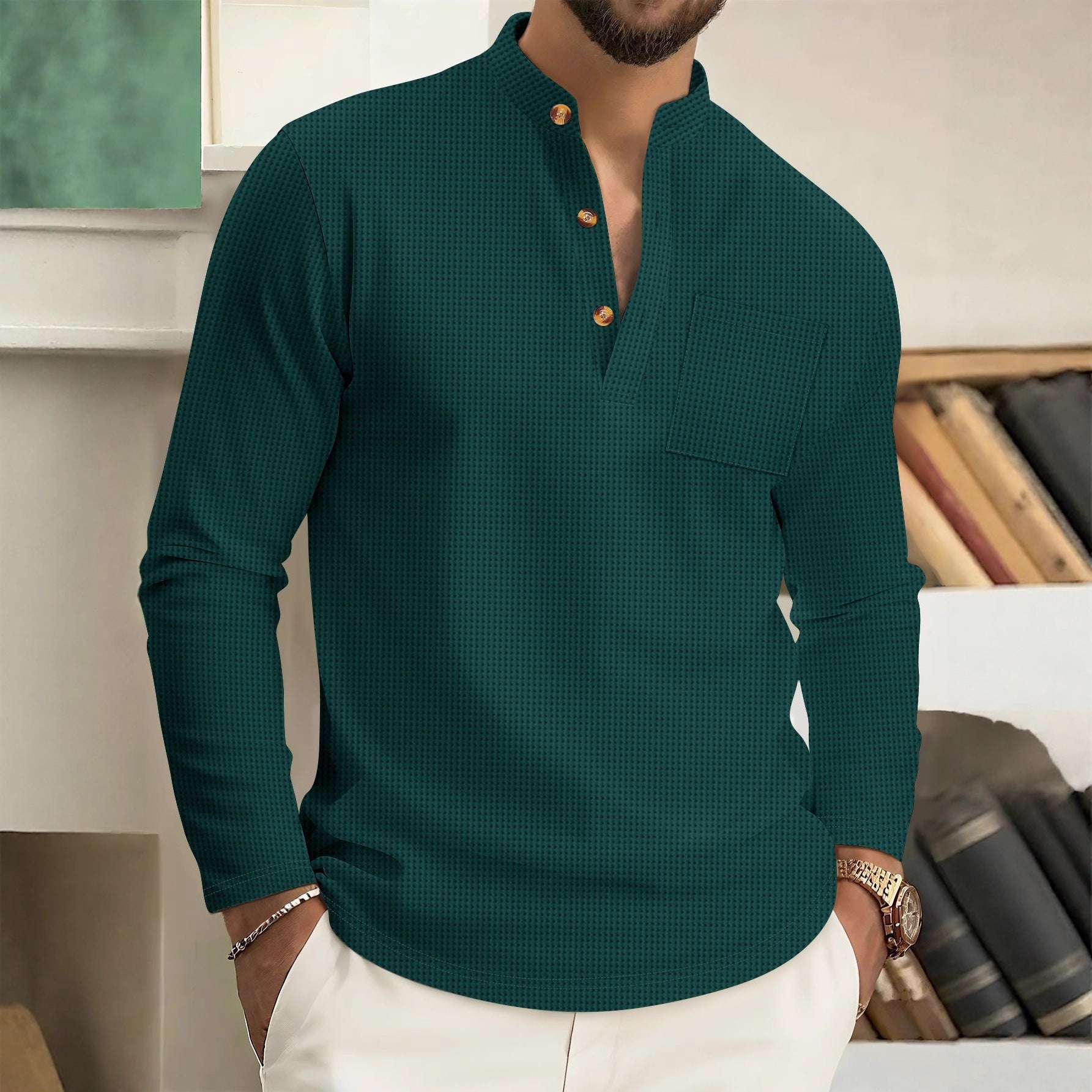 Men's Sophisticated Long Sleeve Casual Shirt – Stand Collar Loose Fit Top