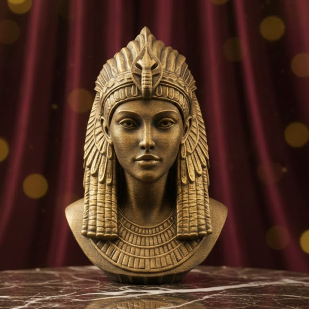 18cm Cleopatra VII bust with hand-waxed antique gold finish on a black studio table