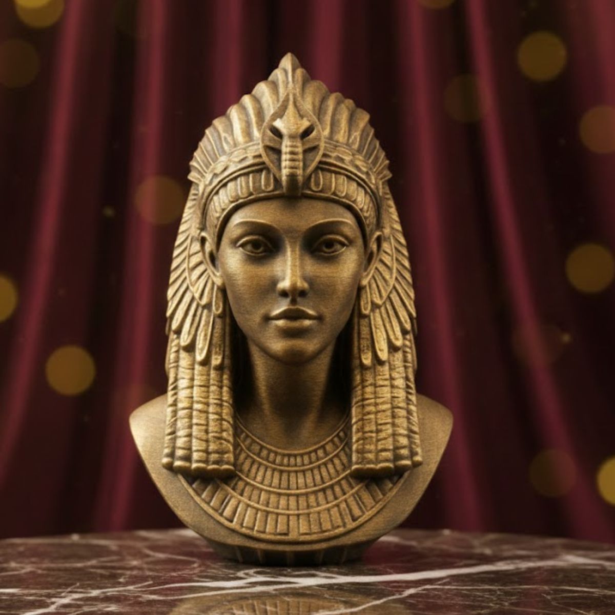 18cm Cleopatra VII bust with hand-waxed antique gold finish on a black studio table