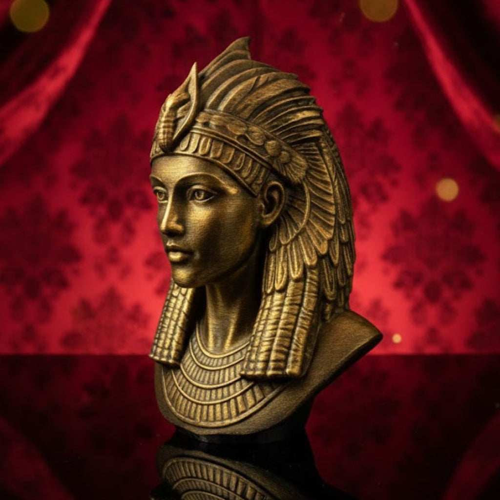 Side profile of Cleopatra 3D printed statue showing hand-buffed gold metallic detail