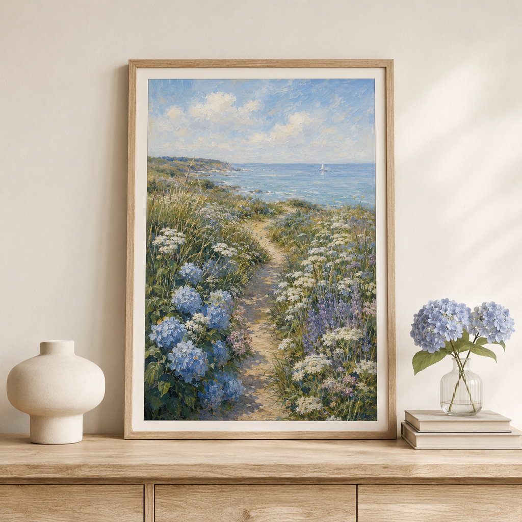 Coastal Wildflower Printable Wall Art – Vintage Seaside Path Landscape Digital Download
