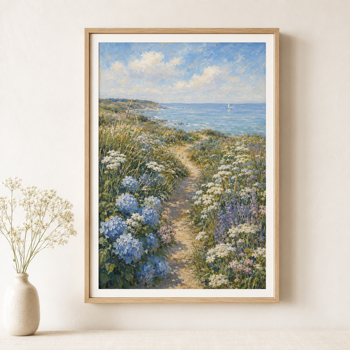 Coastal Wildflower Printable Wall Art – Vintage Seaside Path Landscape Digital Download