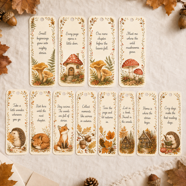 12 Printable Autumn Woodland Bookmarks, Fall Book Lover PDF Set