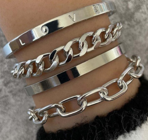 4PC C-Shaped Hollow Chain Bracelet Set – Simple Adjustable Cuff & Bangle