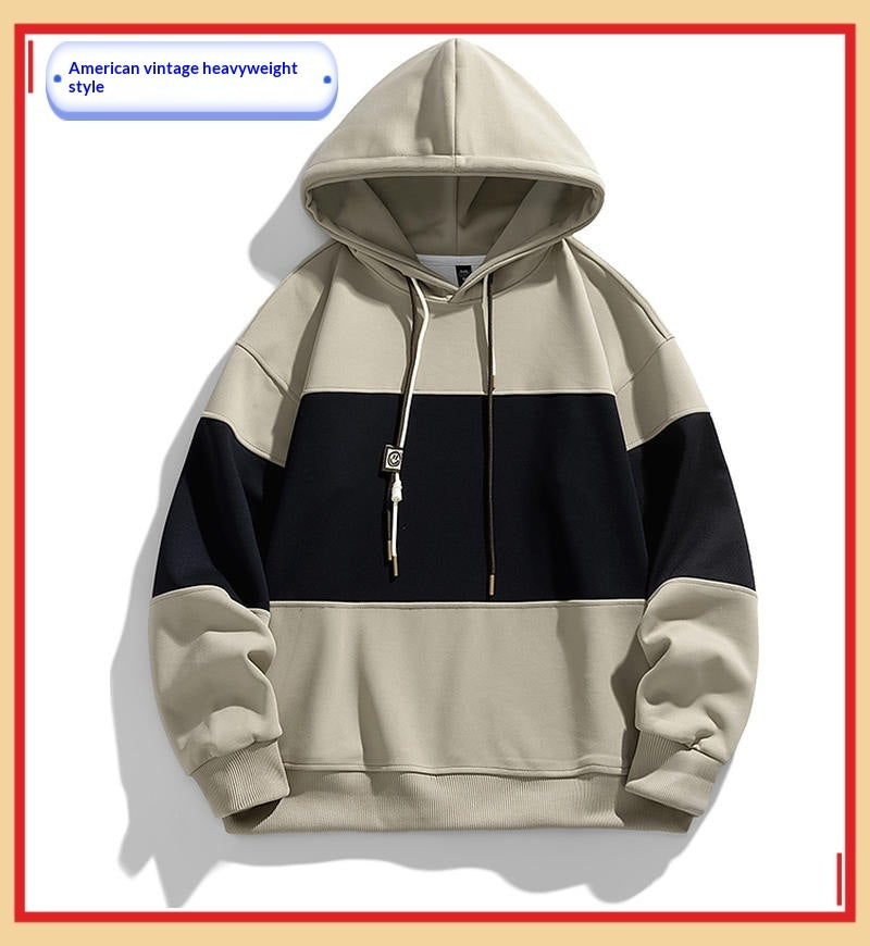 Retro Block Color Hoodie – Men's Loose Fit Polyester Casual Sweatshirt