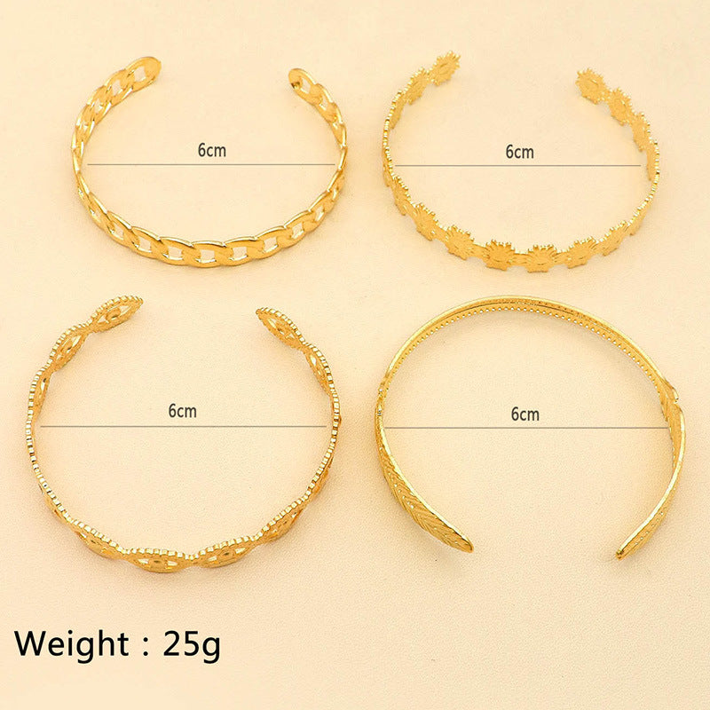 4PC Stackable Chain Bracelet Set – Gold Plated Flower & Leaf Cuff Jewelry