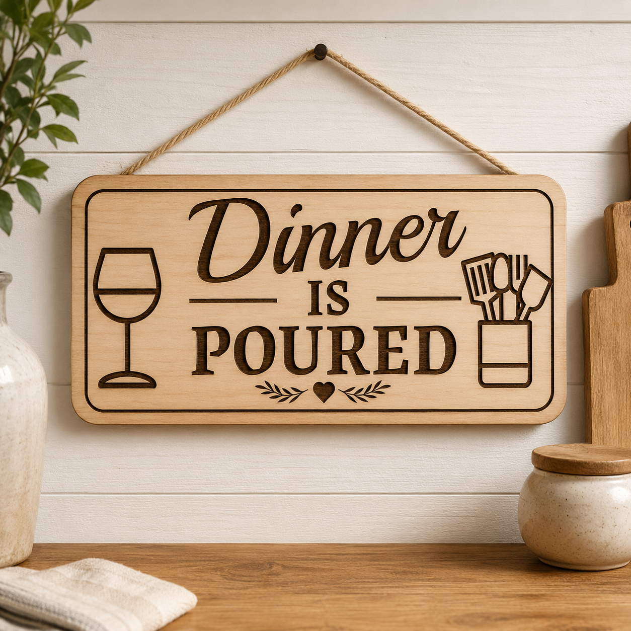 Dinner Is Poured SVG Laser File | Funny Kitchen Sign Design
