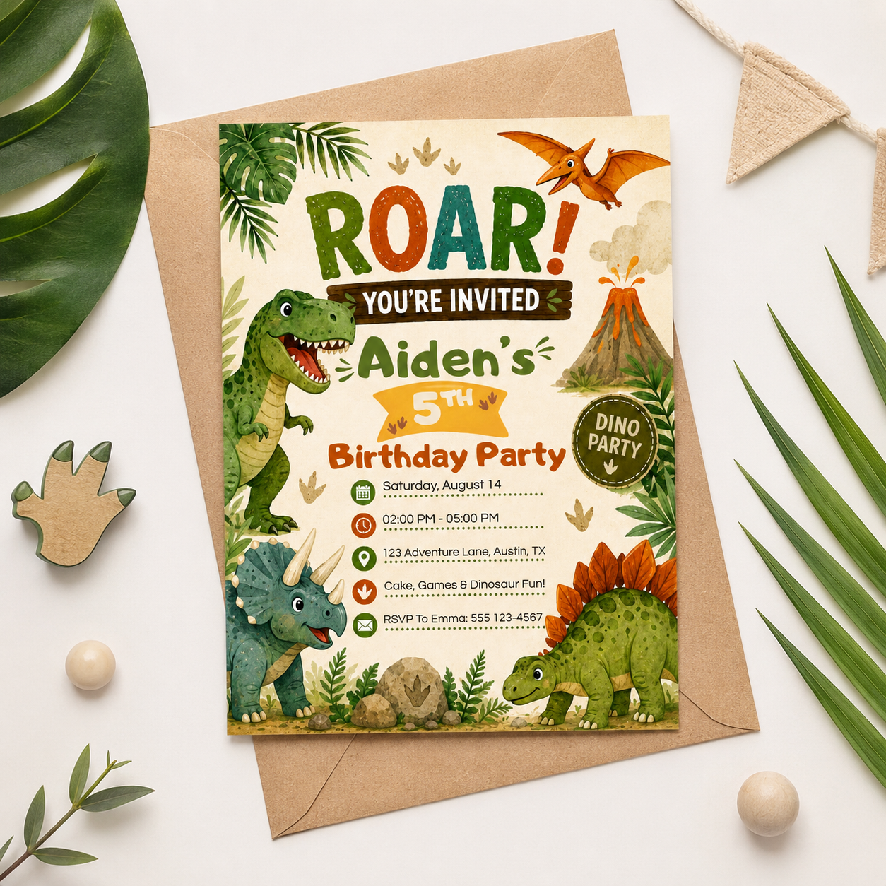 Roar Dinosaur Birthday Invitation Canva Template | Editable Kids Dino Party Invite