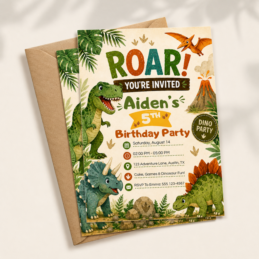 Roar Dinosaur Birthday Invitation Canva Template | Editable Kids Dino Party Invite