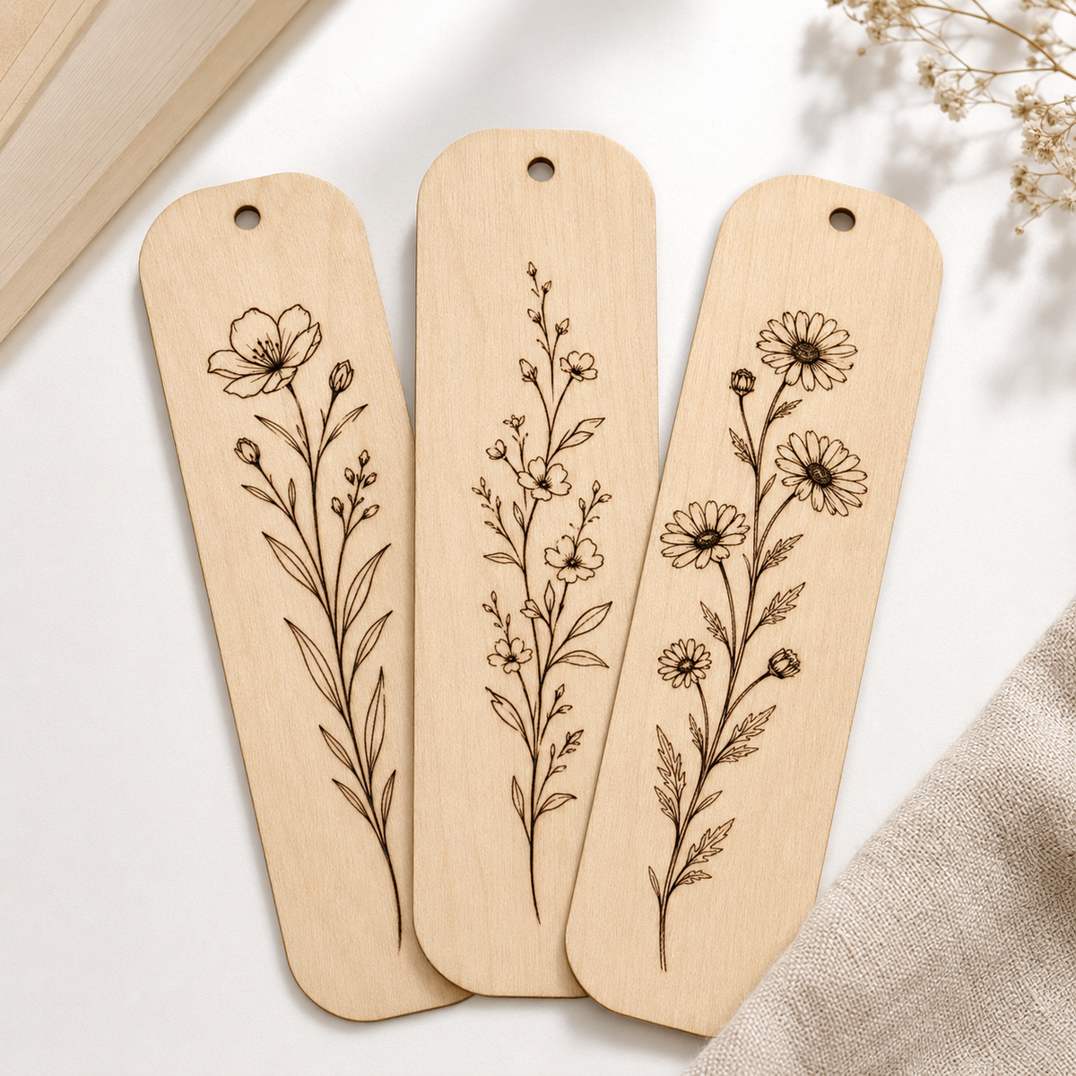 Botanical Flower Bookmark SVG Bundle | Laser Cut Wooden Bookmark Files