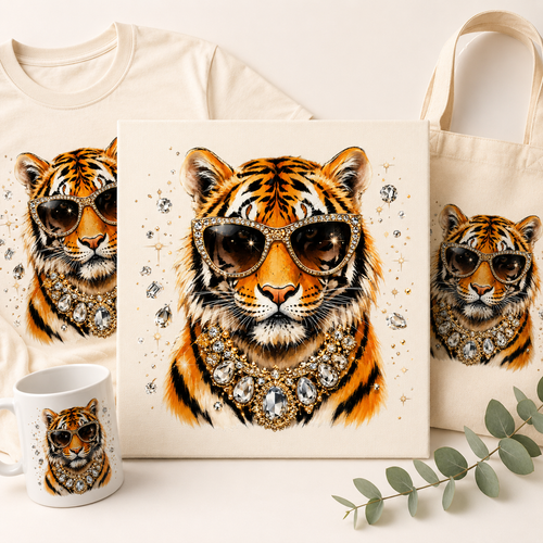 Glam Tiger PNG File | Preppy Tiger Shirt Design | Bling Animal Sublimation PNG