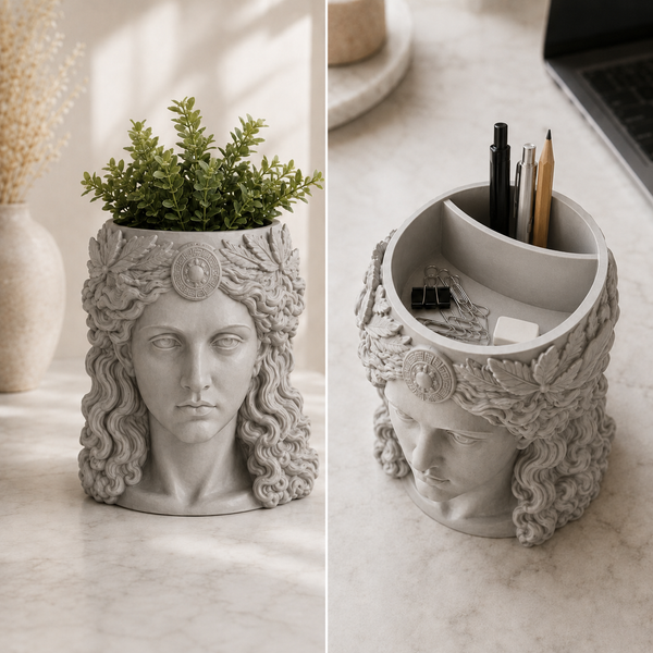 Greek Goddess Planter & Desk Organizer STL Set – Classical Female Bust Pencil Holder 3D Print