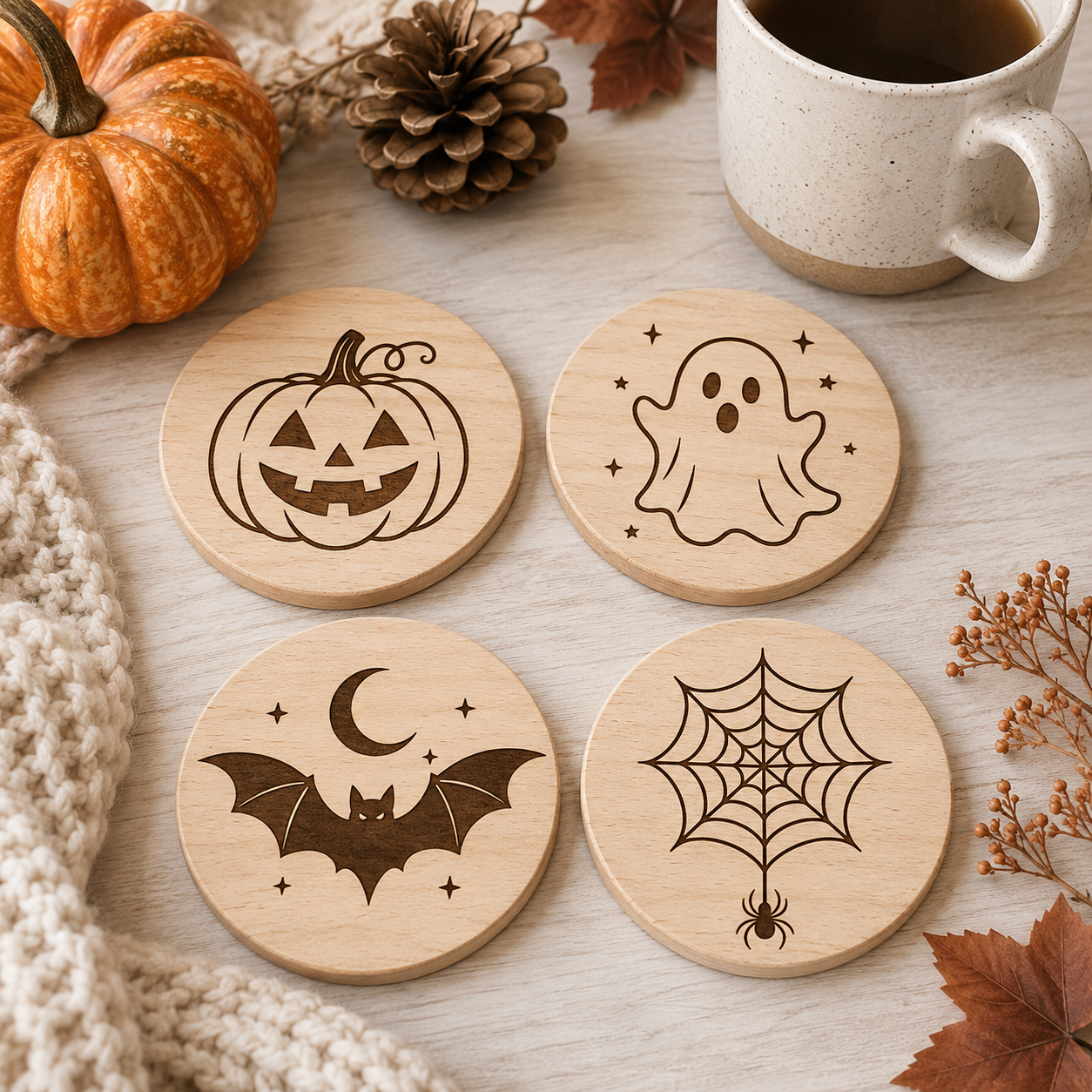 Halloween Coaster SVG Bundle, 4 Laser Cut and Engrave Designs, Ghost Pumpkin Bat Spiderweb