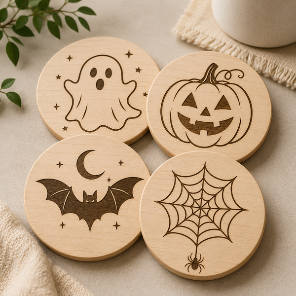 Halloween Coaster SVG Bundle, 4 Laser Cut and Engrave Designs, Ghost Pumpkin Bat Spiderweb