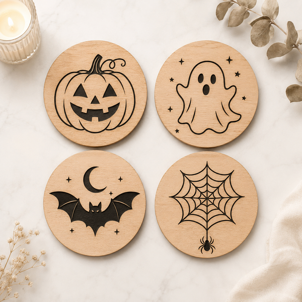 Halloween Coaster SVG Bundle, 4 Laser Cut and Engrave Designs, Ghost Pumpkin Bat Spiderweb