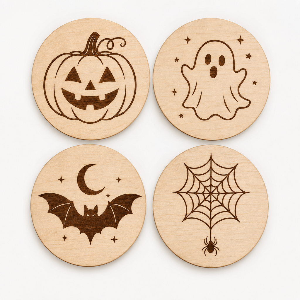 Halloween Coaster SVG Bundle, 4 Laser Cut and Engrave Designs, Ghost Pumpkin Bat Spiderweb