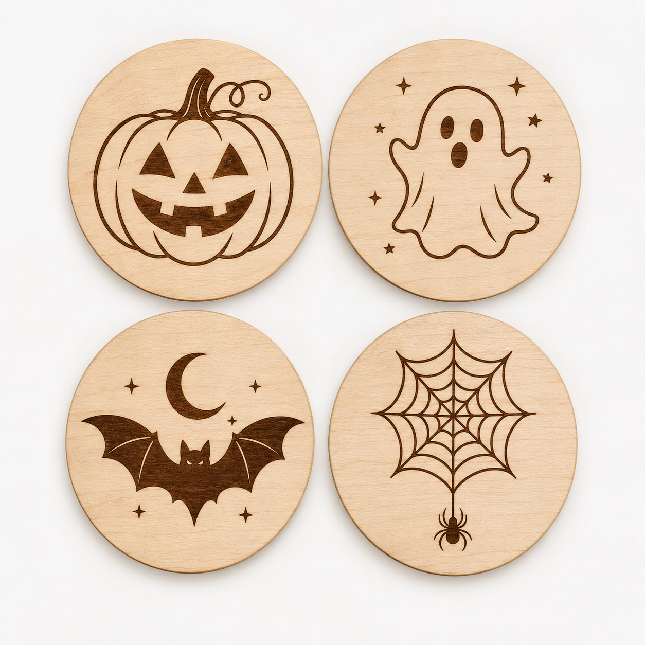 Halloween Coaster SVG Bundle, 4 Laser Cut and Engrave Designs, Ghost Pumpkin Bat Spiderweb