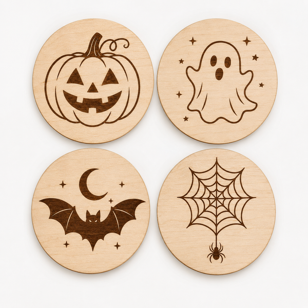 Halloween Coaster SVG Bundle, 4 Laser Cut and Engrave Designs, Ghost Pumpkin Bat Spiderweb