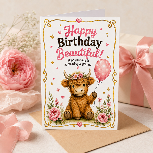 Highland Cow Birthday Card Printable | 5x7 Greeting Card Digital Download