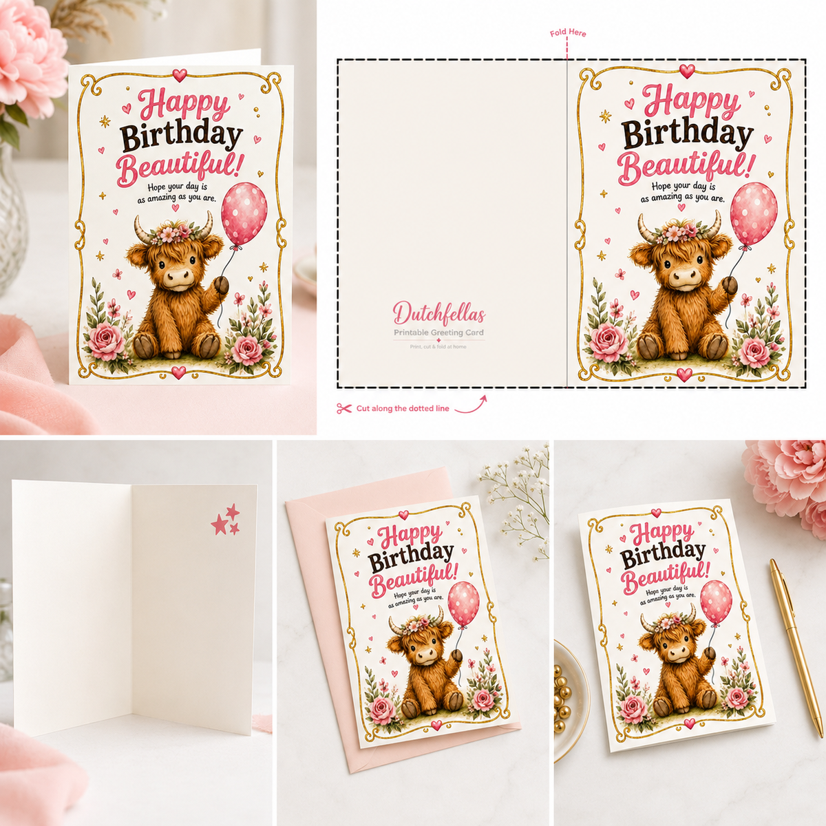 Highland Cow Birthday Card Printable | 5x7 Greeting Card Digital Download