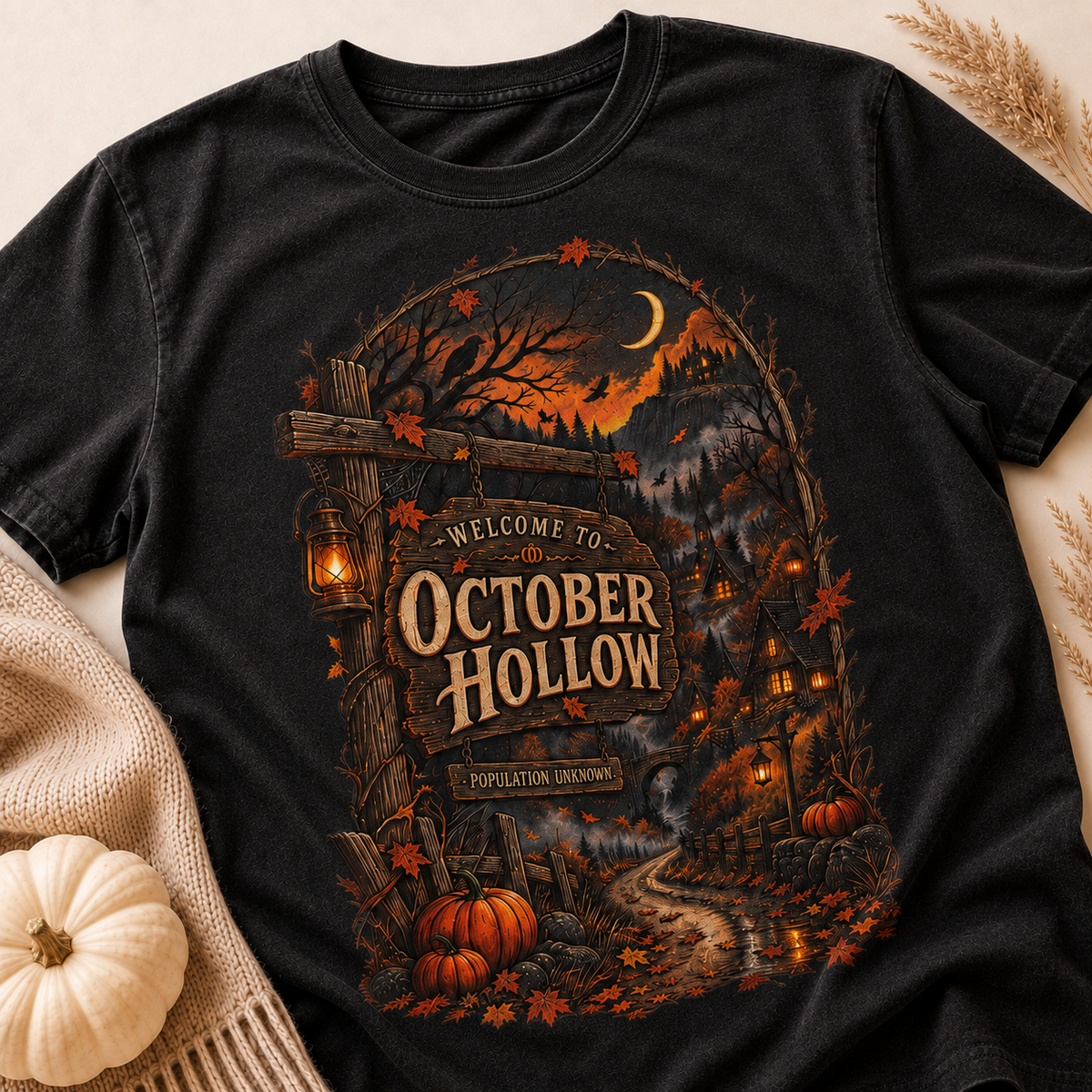 October Hollow Halloween Town PNG – Vintage Haunted Village Sublimation Shirt Design Main image