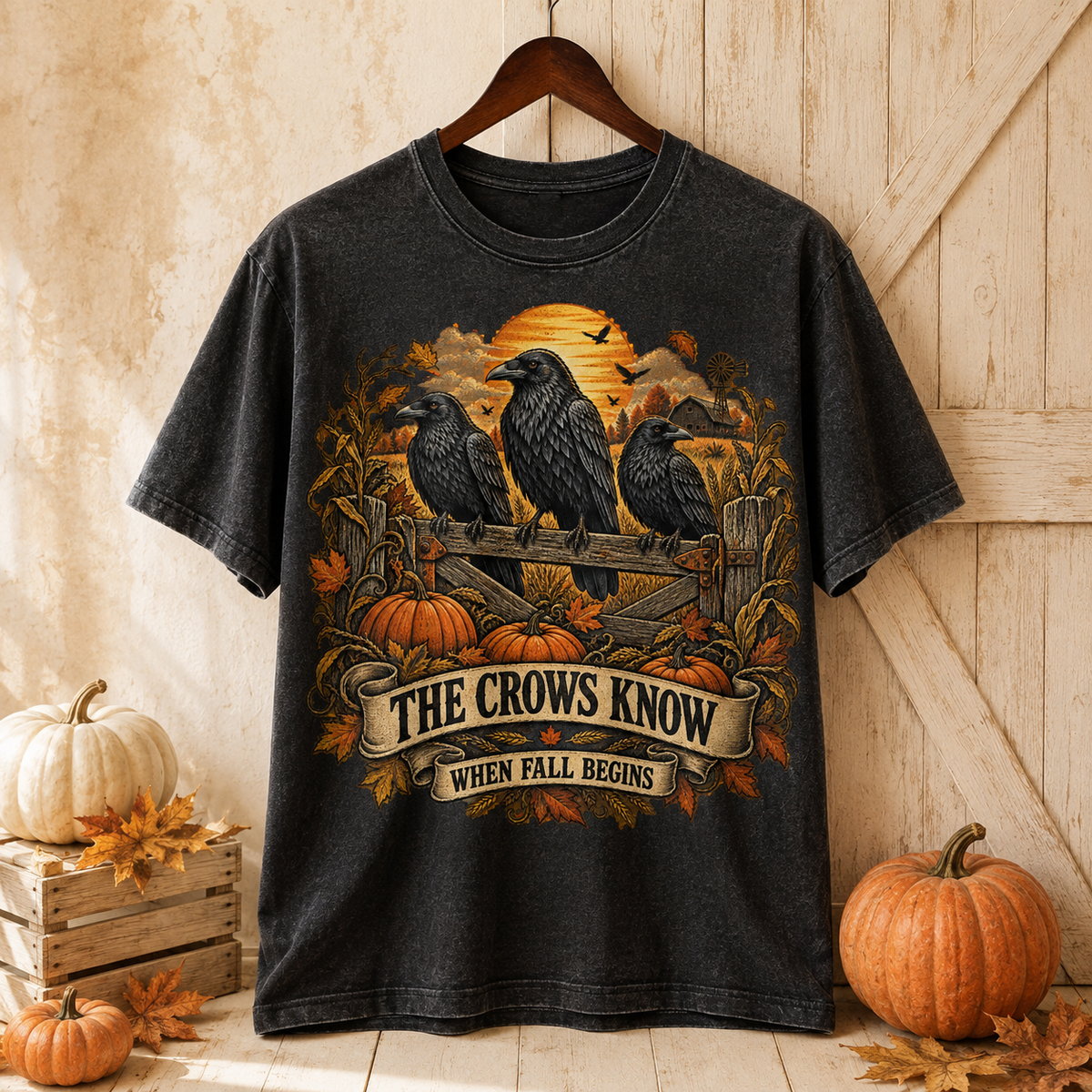 The Crows Know When Fall Begins PNG – Vintage Autumn Raven Shirt Design Main image