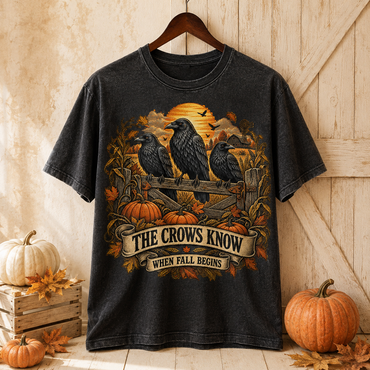 The Crows Know When Fall Begins PNG – Vintage Autumn Raven Shirt Design
