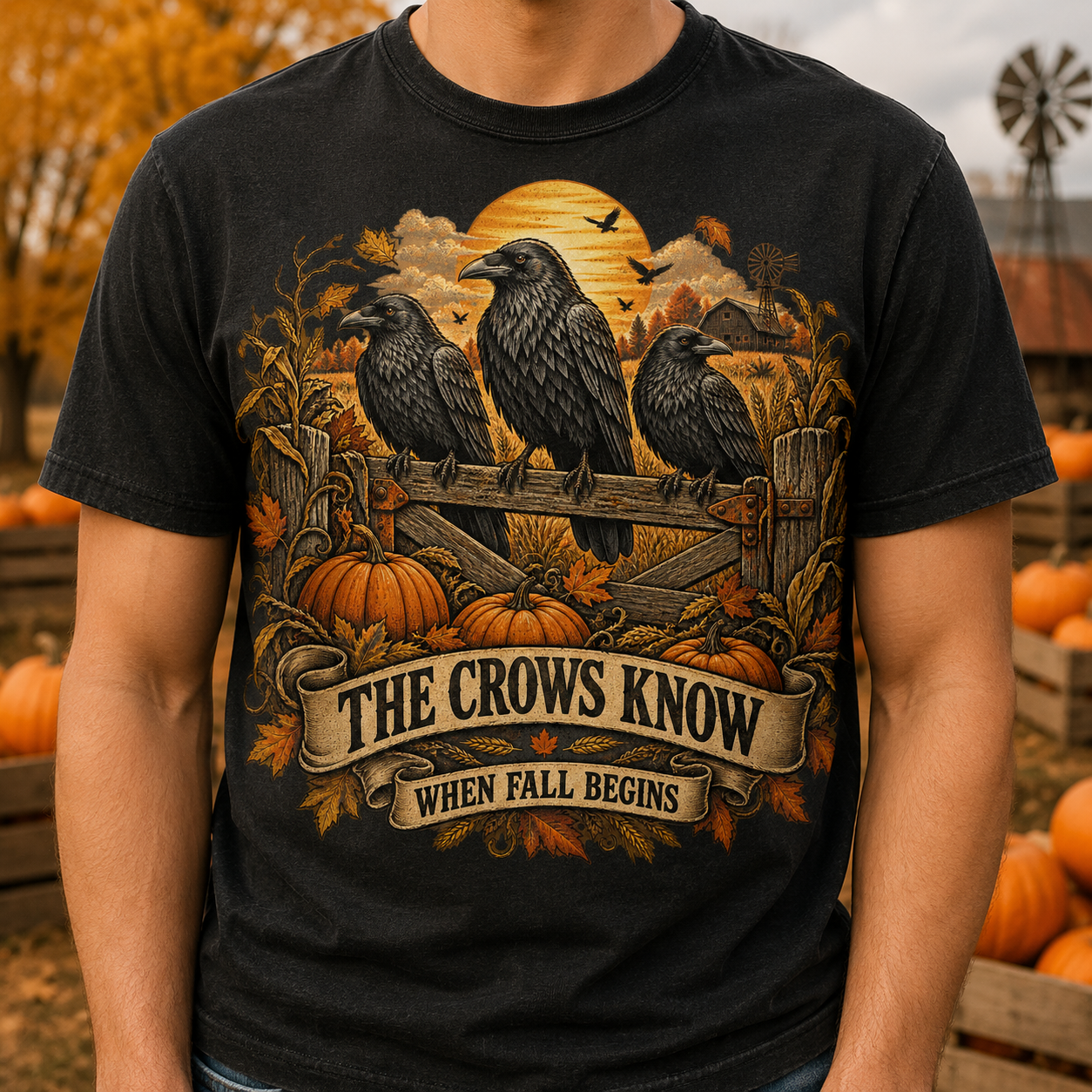 The Crows Know When Fall Begins PNG – Vintage Autumn Raven Shirt Design Secondary image