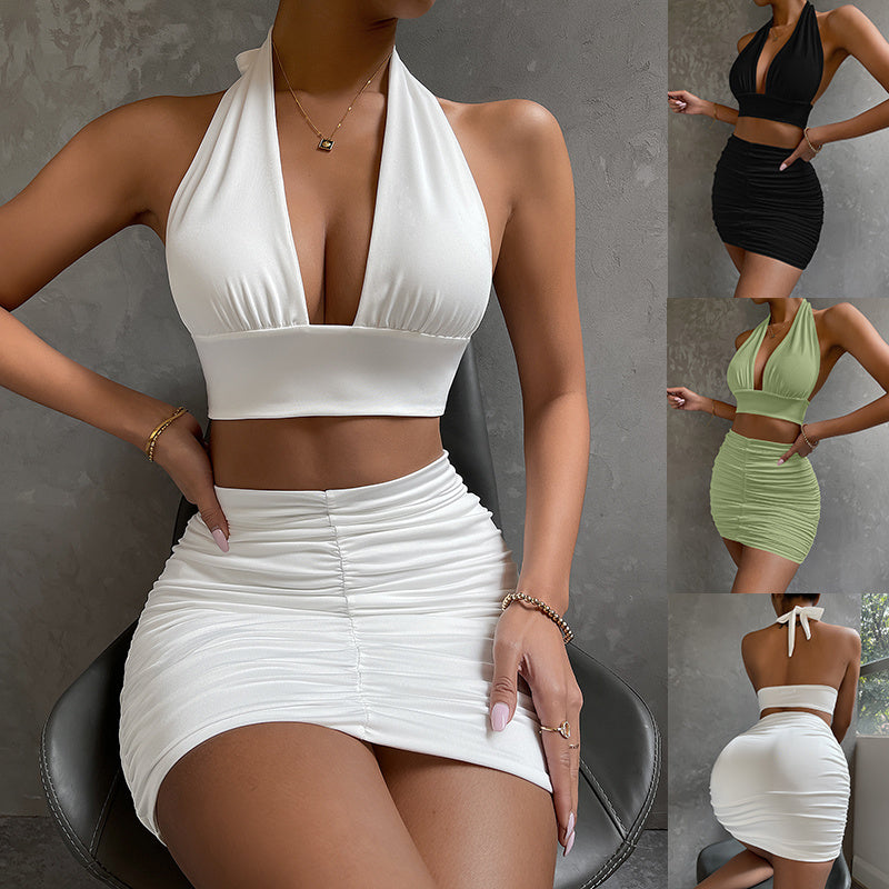 2-Piece Halter Lace-Up Set | Crop Top + Pleated Mini Skirt
