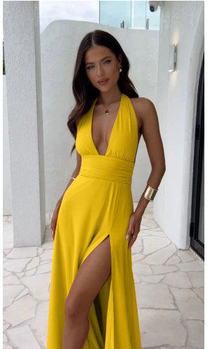 Halter V-Neck Backless Slit Dress | Summer Strappy Women’s Fashion