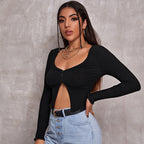 Long Sleeve Ribbed Crop Cardigan Top – Women's Sexy Button Knit Shirt