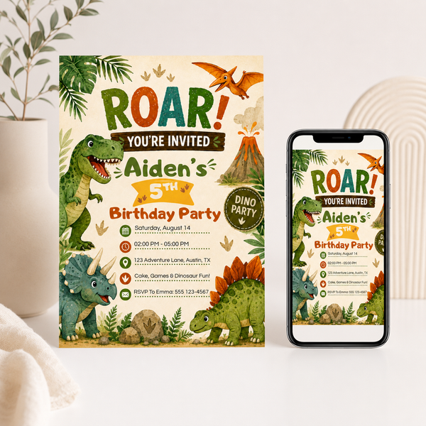 Roar Dinosaur Birthday Invitation Canva Template | Editable Kids Dino Party Invite