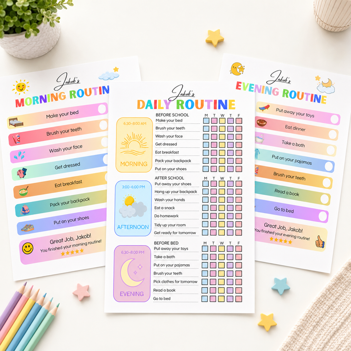 Editable Kids Routine Chart Canva Template Bundle | Morning Evening Daily Routine Printable