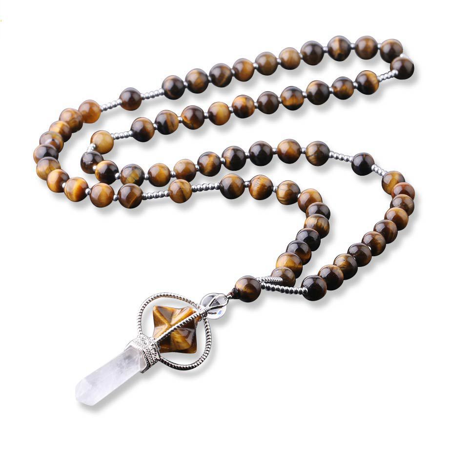 Natural Stone Crystal Column Pendant Necklace – Beaded Healing Gemstone Jewelry
