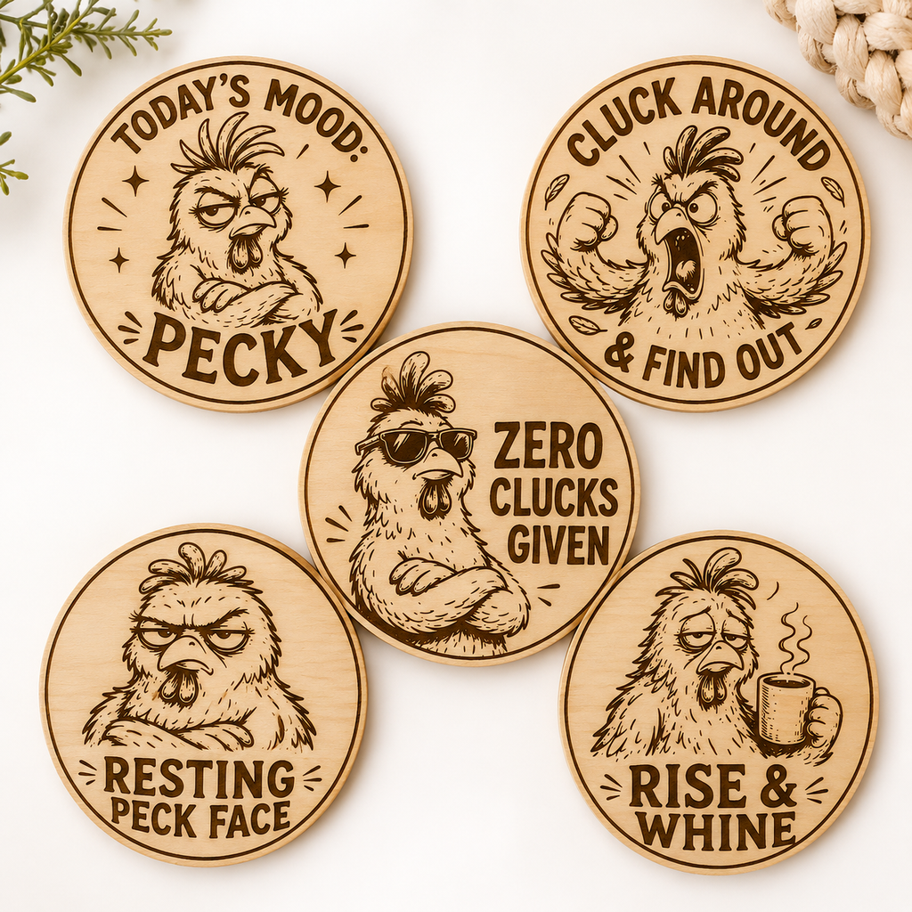 Funny Chicken Coaster SVG Bundle – 5 Laser Engraving Designs with 90mm Cut File